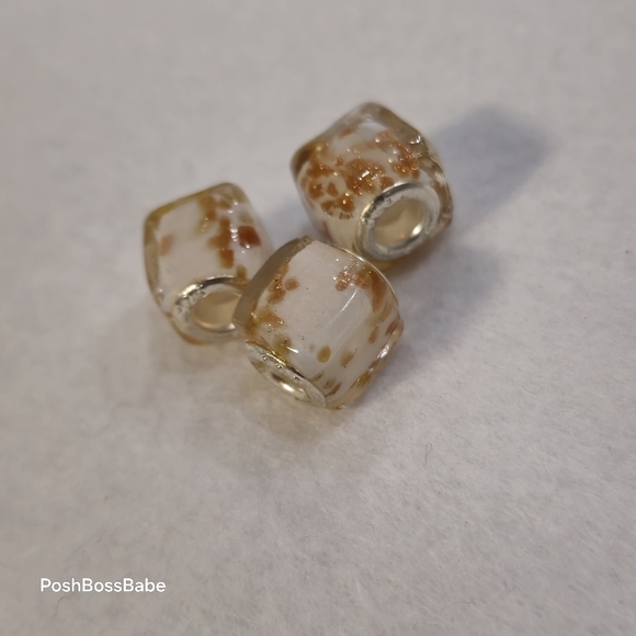 Set of 3 White Gold Murano Glass Square European Beads 925 Sterling Silver Core - Picture 5 of 7